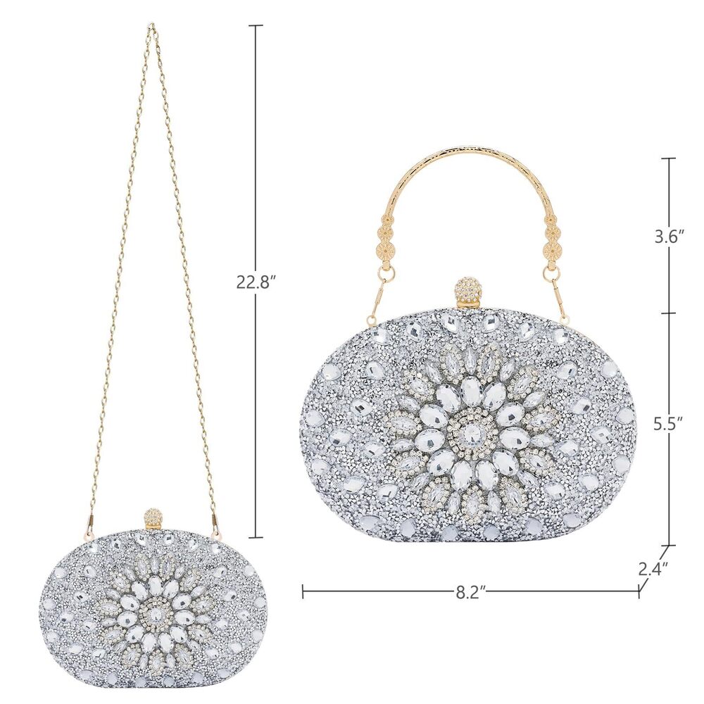 7699 Silver Clutch Purses Formal Rhinestone Evening Clutch Sparkling Party - Picture 6 of 7